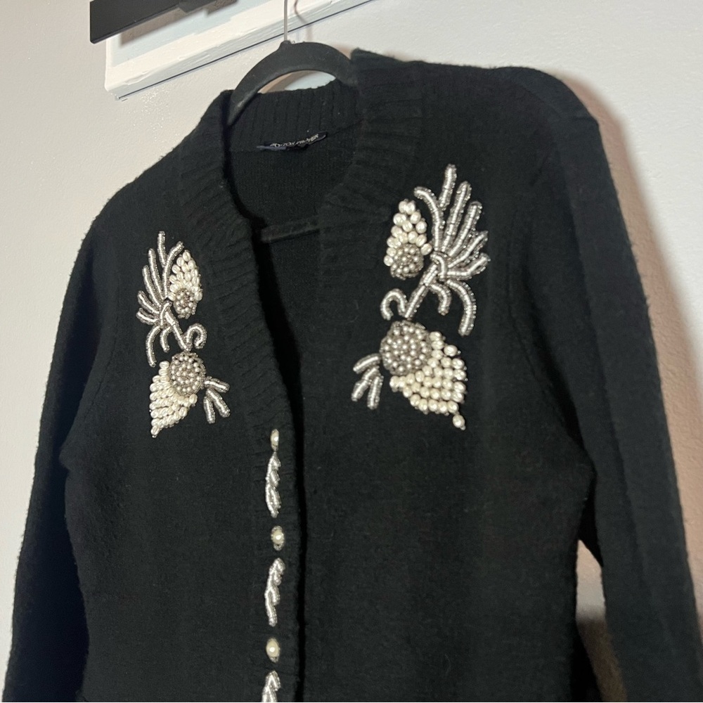 Boston Proper Black Cardigan Sweater Size Large Embellished Pearl Beaded Floral